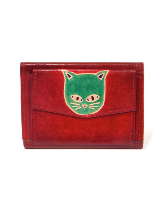 Peněženka zapínaná na patentku, červená, kočka, malovaná kůže, 13x9cm
