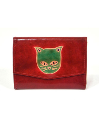 Peněženka zapínaná na patentku, červená, kočka, malovaná kůže, 13x9cm