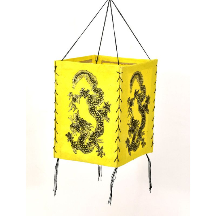 Čtyřboký lampion - stínidlo se zlatým potiskem draka, žluté, 18x25cm