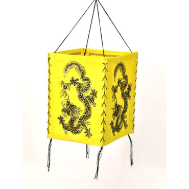 Čtyřboký lampion - stínidlo se zlatým potiskem draka, žluté, 18x25cm