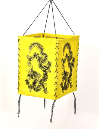 Čtyřboký lampion - stínidlo se zlatým potiskem draka, žluté, 18x25cm