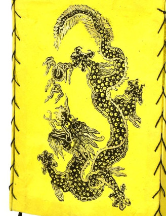 Čtyřboký lampion - stínidlo se zlatým potiskem draka, žluté, 18x25cm