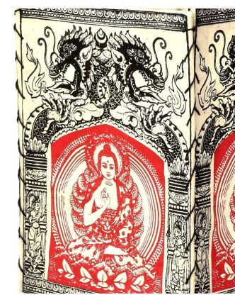 Stínidlo, čtyřboké bílé s červeno-černým potiskem Buddhy a draků, 18x25cm