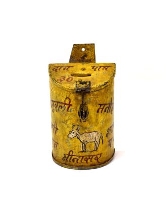 Antik plechová kasička, ručně malovaná, 11x10x20cm