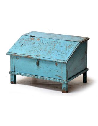 Starý kupecký stolek z teakového dřeva, tyrkysová patina, 64x49x45cm