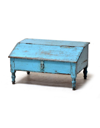 Starý kupecký stolek z teakového dřeva, tyrkysová patina, 66x47x37cm