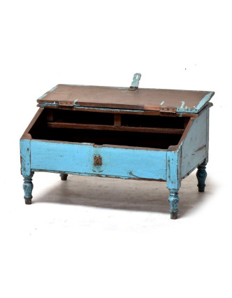 Starý kupecký stolek z teakového dřeva, tyrkysová patina, 66x47x37cm