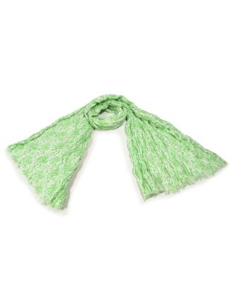 Bílý šátek s květinovým potiskem, mačkaná úprava, zelený potisk, 110x170cm