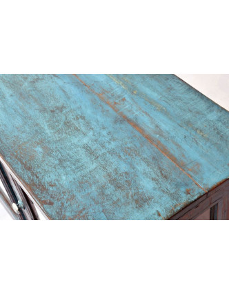 Prosklená skříňka z teakového dřeva, tyrkysová patina, 104x39x88cm
