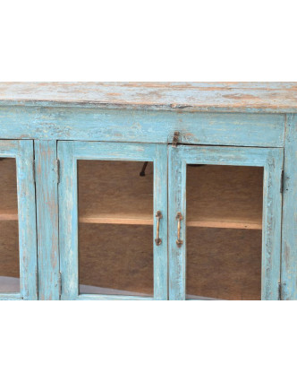 Prosklená skříňka z teakového dřeva, tyrkysová patina, 160x49x81cm