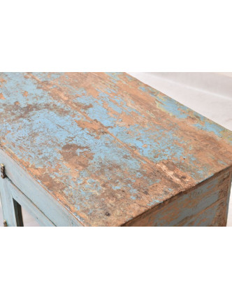 Prosklená skříňka z teakového dřeva, tyrkysová patina, 160x49x81cm