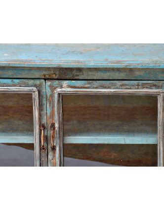Prosklená skříňka z teakového dřeva, tyrkysová patina, 102x43x62cm