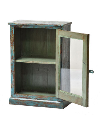 Prosklená skříňka z teakového dřeva, tyrkysová patina, 61x30x88cm