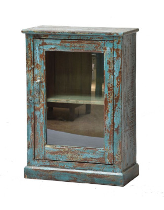 Prosklená skříňka z teakového dřeva, tyrkysová patina, 61x30x88cm