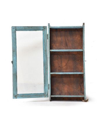 Prosklená skříňka z teakového dřeva, tyrkysová patina, 48x16x78cm