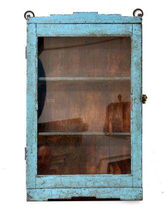 Prosklená skříňka z teakového dřeva, tyrkysová patina, 36x13x76cm
