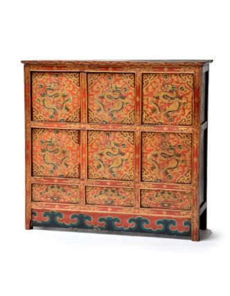 Ručně malovaná dřevěná antik komoda z Tibetu, 122x37x114cm