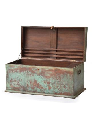 Stará truhlička z teakového dřeva, tyrkysová patina, 103x50x50cm