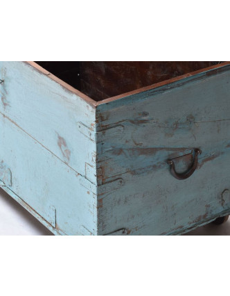 Stará truhlička z teakového dřeva, tyrkysová patina, 92x54x56cm