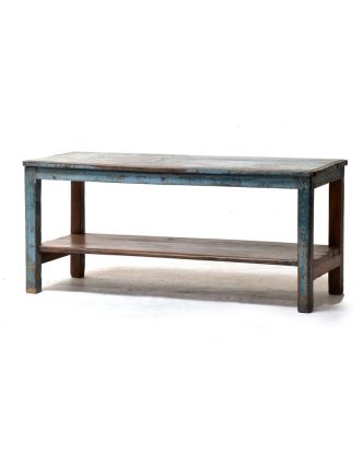 Stará lavička z teakového dřeva, šedo modrá patina, 109x43x48cm