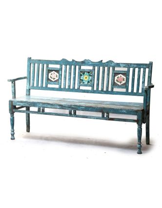 Stará lavička z teakového dřeva zdobená keramickými dlaždicemi, 166x45x92cm