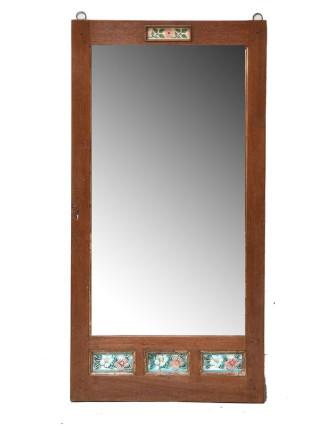 Zrcadlo v rámu z teakového dřeva zdobené starými dlaždicemi, 81x8x129cm