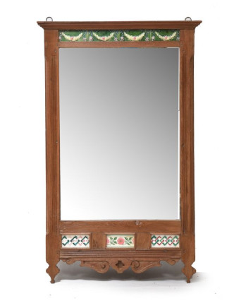 Zrcadlo v rámu z teakového dřeva zdobené starými dlaždicemi, 63x3x124cm