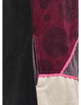 Vínovo-hnědý sametový kabátek s kapucí, patchwork a Chakra tisk, pletení