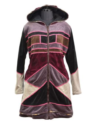 Vínovo-hnědý sametový kabátek s kapucí, patchwork a Chakra tisk, pletení