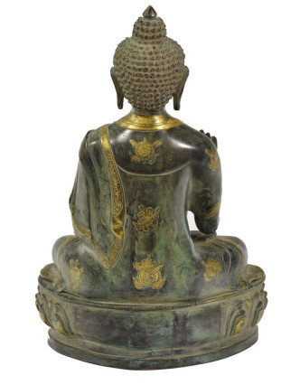 Buddha ochránce (Abhaya), antik zelená patina, mosaz, 27x20x41cm