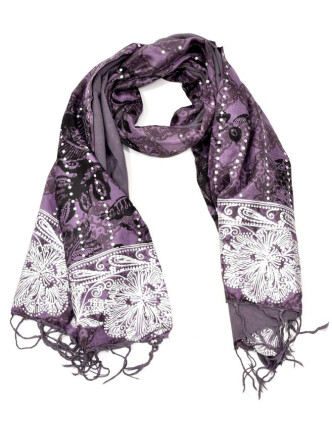 Šátek hedvábí, fialový, černo-stříbrný tisk, prošívání, flitry, třásně, 45x140cm