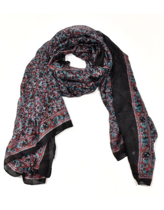 Hedvábný šátek motivem drobných květin, černo-šedivý, 170x100cm