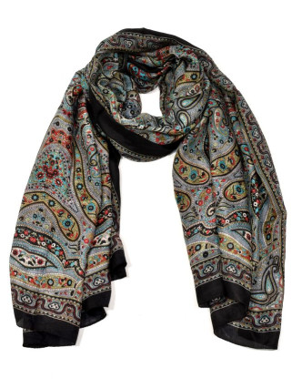 Hedvábný šátek paisley potisk, černo-barevný, 170x100cm