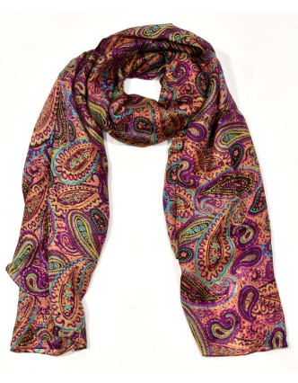 Hedvábný šátek paisley potisk, fialovo-barevný, 170x100cm