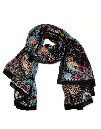 Hedvábný šátek paisley a květiny potisk, černo-barevný, 170x100cm