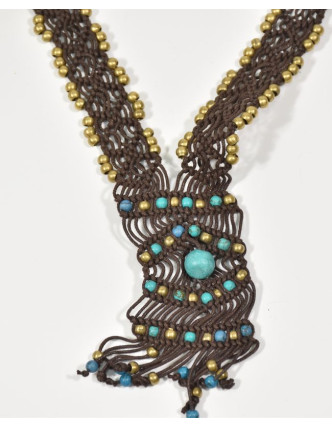 Hnědý pletený náhrdelník s tyrkysovými a zlatými korálky