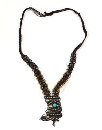 Hnědý pletený náhrdelník s tyrkysovými a zlatými korálky