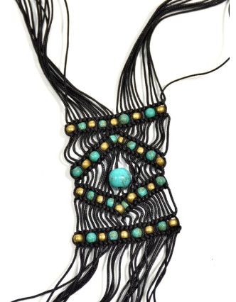 Černý pletený náhrdelník s tyrkysovými a zlatými korálky