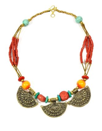 Masivní náhrdelník, červené, tyrkysové a zlaté korálky, zlaté přívěšky