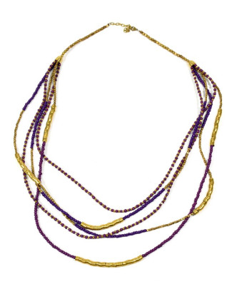 Dlouhý náhrdelník, 5-řadý, fialové, fuchsiové a zlaté korálky, zapínání
