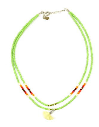 Náhrdelník, 2-řadý, zelené a barevné korálky, střapec, zapínání