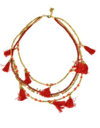 Náhrdelník, 3-řadý, červené a zlaté korálky, střapce, zapínání