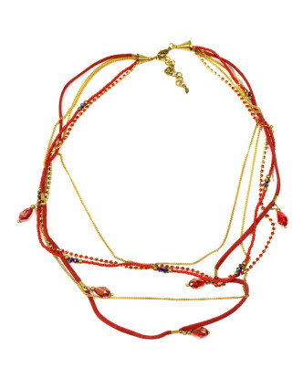 Náhrdelník, 5-řadý, červené korálky, zlaté řetízky a střapce, zapínání