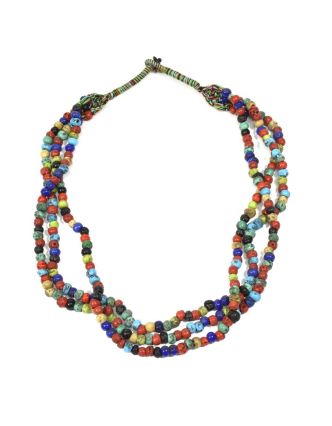 Masivní dlouhý náhrdelník, 3-řadý, barevné korále, zapínání