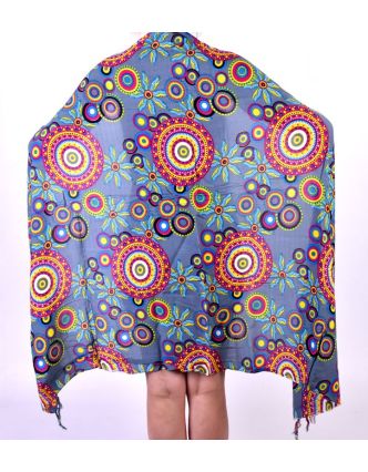 Šedivý sárong s motivem barevných mandal, velký šátek s třásněmi, 109x157cm
