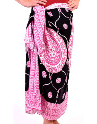 Růžový sárong s potiskem mandal, růžovo-černý šátek s třásněmi, 109x157