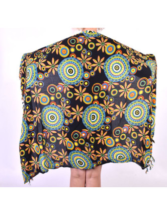 Černý sárong s motivem barevných mandal, velký šátek s třásněmi, 109x157cm