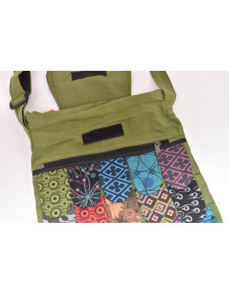 Patchworková bavlněná taška přes rameno "sova" zelená, se zipem, 45x30 cm
