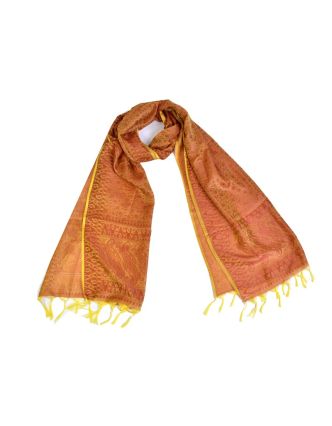 Šátek, brokát - viskóza, červeno-žlutý, paisley design, 50x175cm