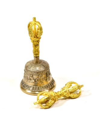 Tibetský zvon a dorje, mosazná barva, ornament, 15cm
